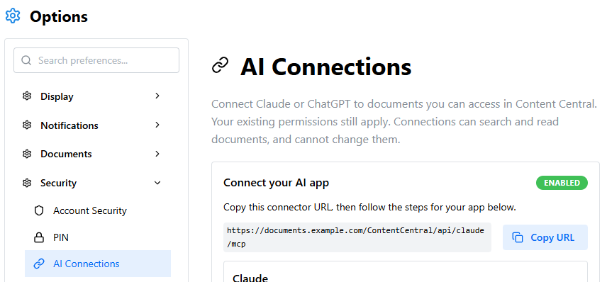The AI Connections page in Options
