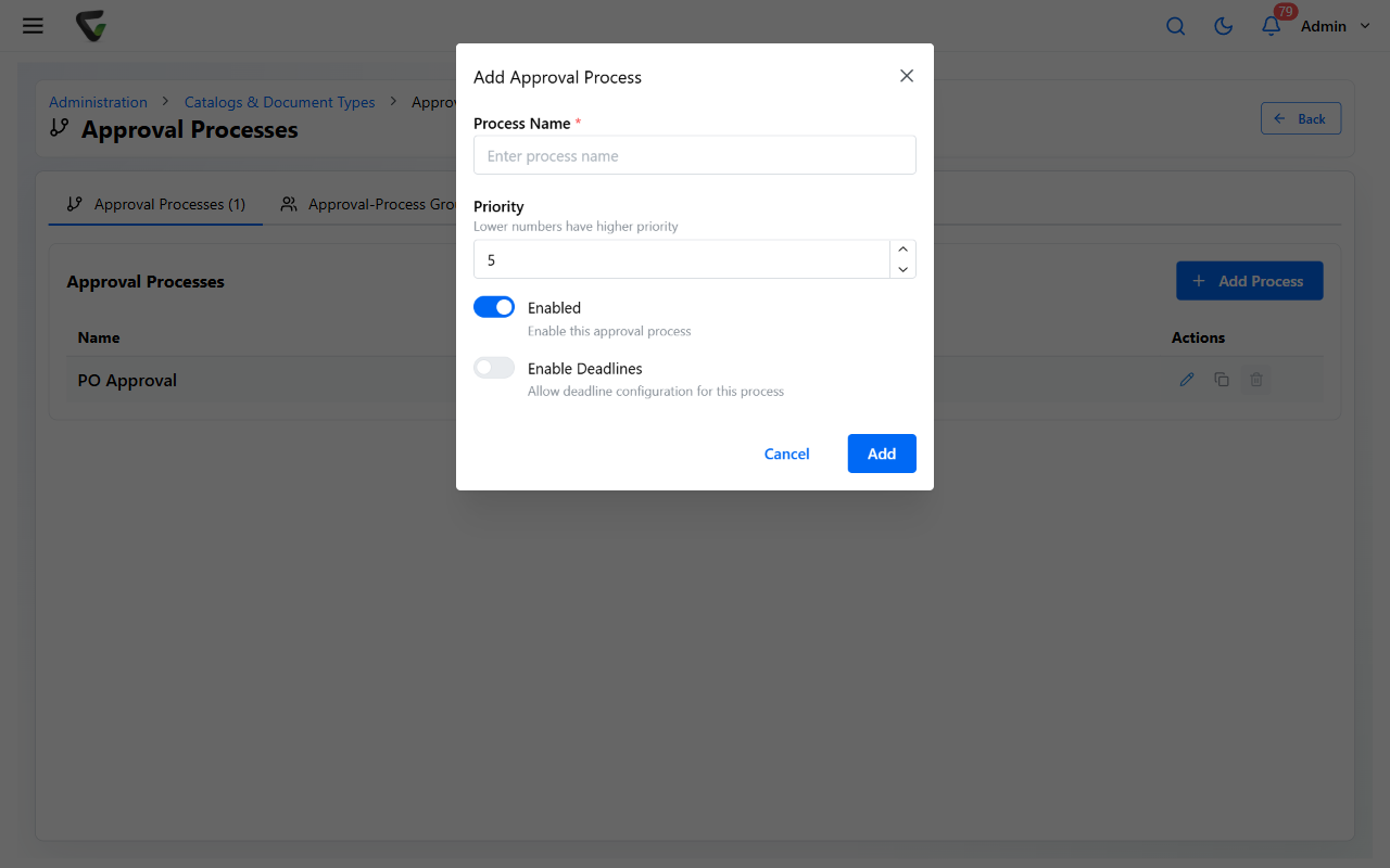 The Add Approval Process dialog