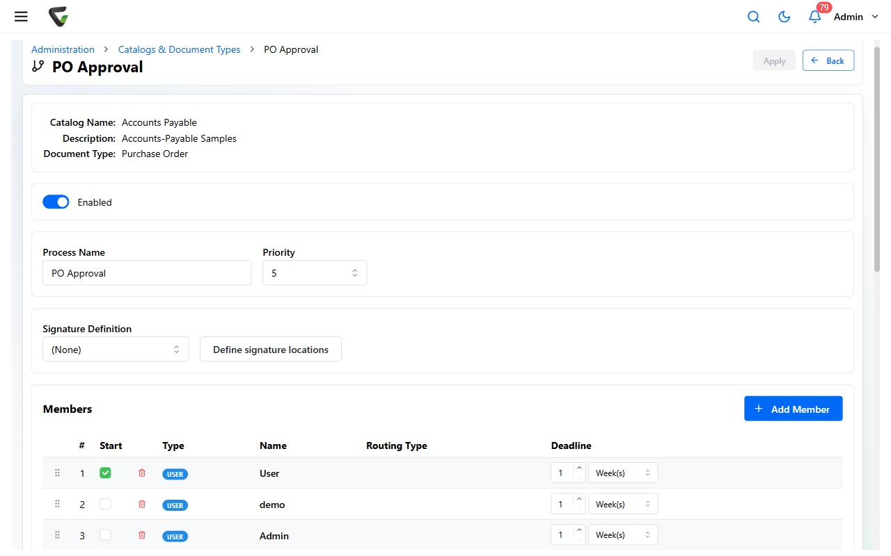 The Approval-Process Details page with three members
