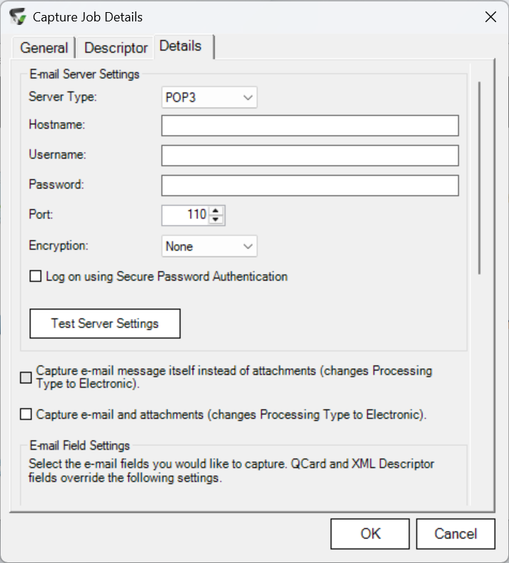 Capture Job Details — Details tab