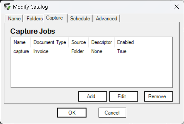The Capture tab of the Modify Catalog dialog