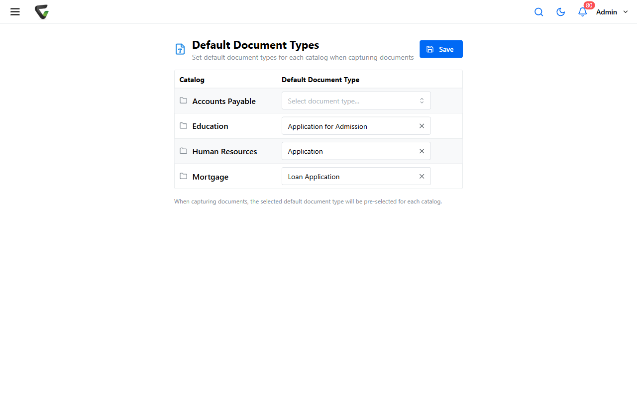 The Default Document Types page