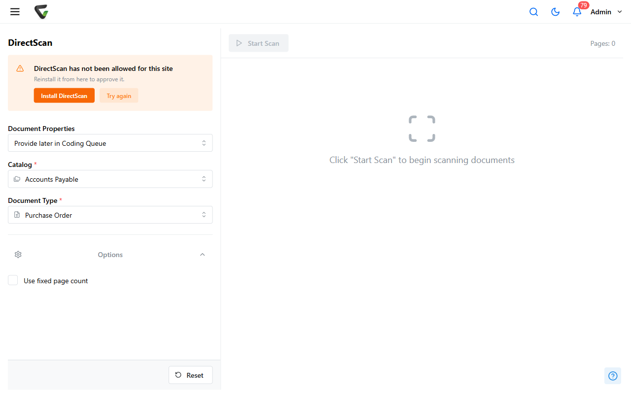 The DirectScan setup panel on the Capture page