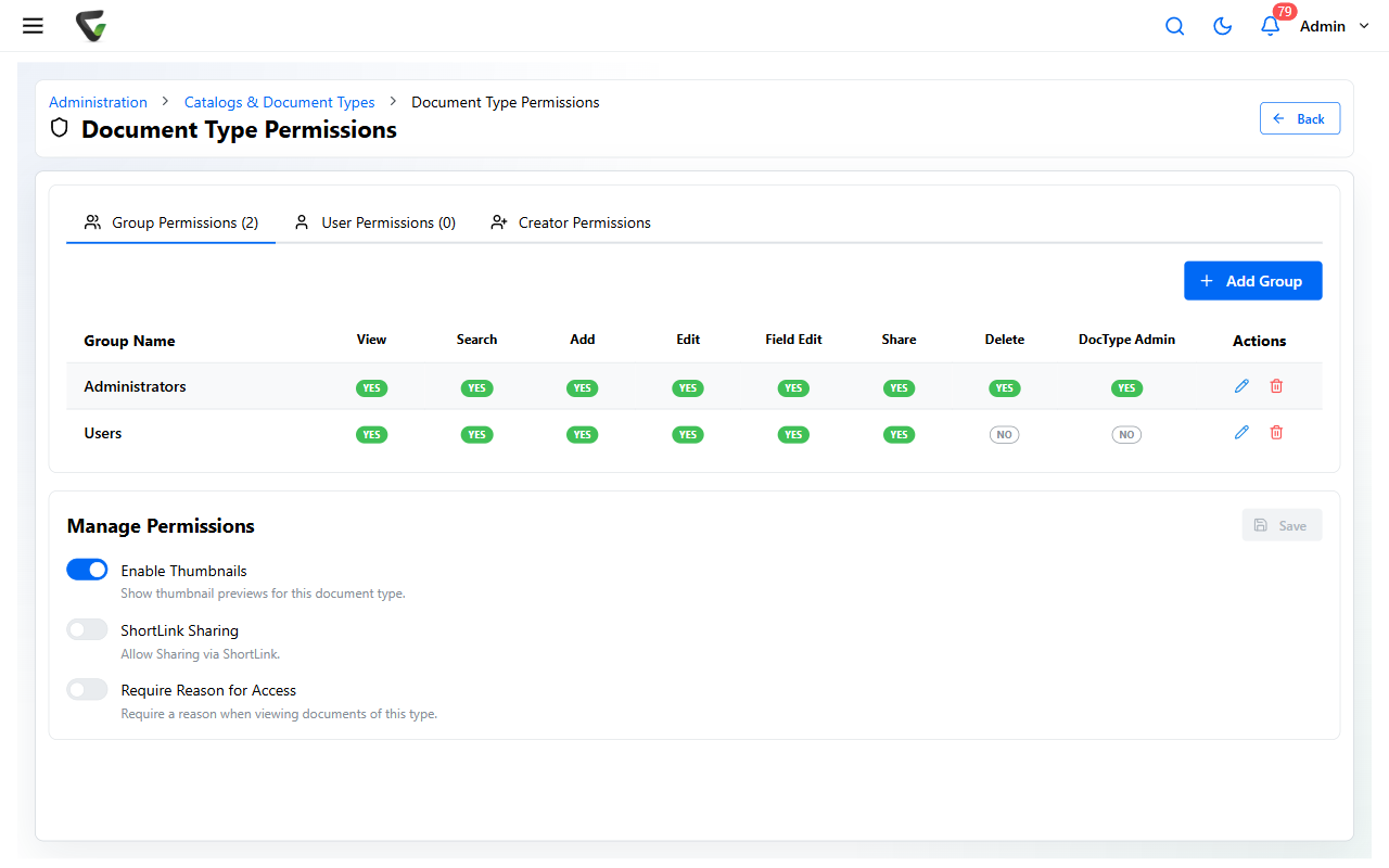 The Document Type Permissions page