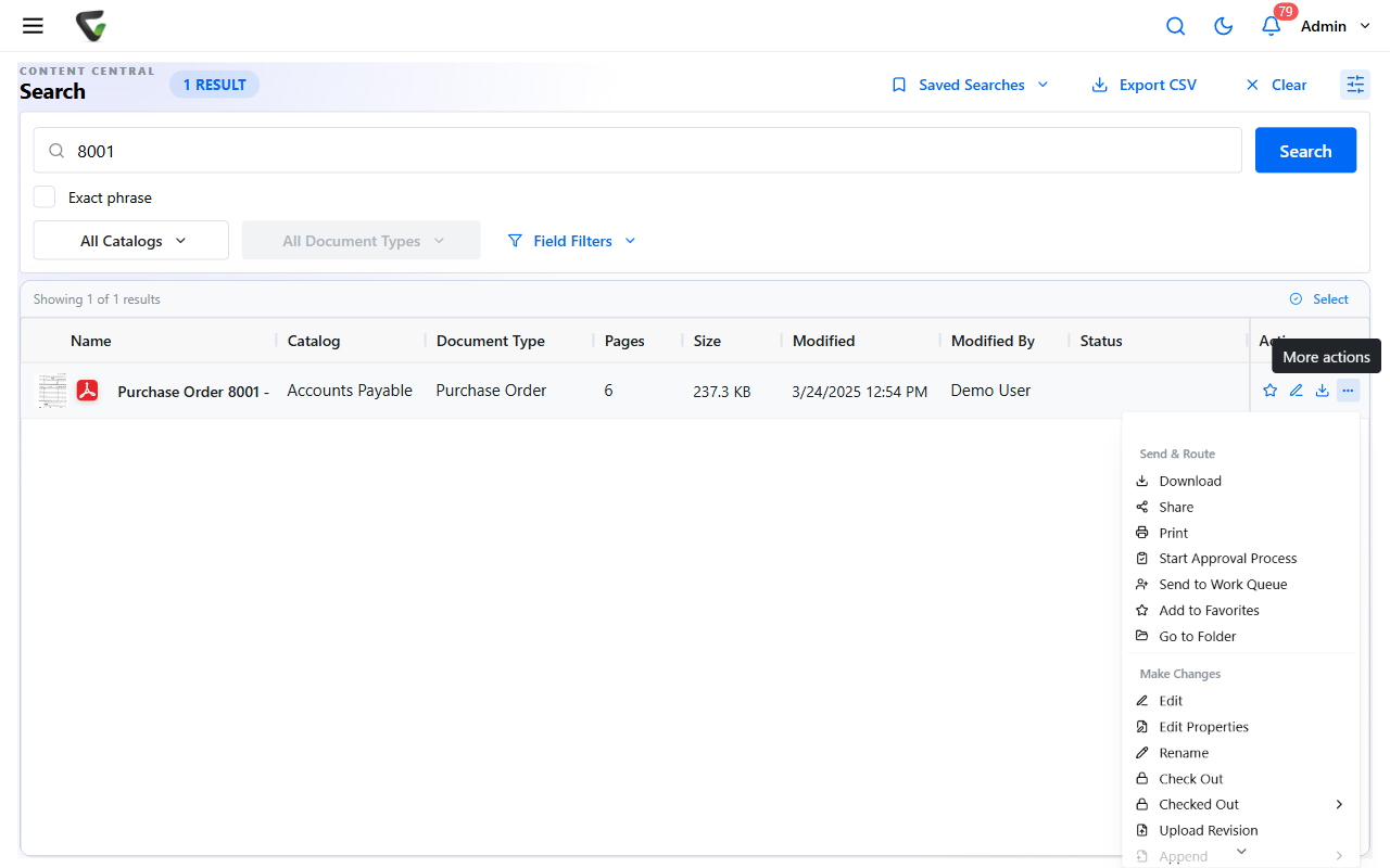A document's actions menu