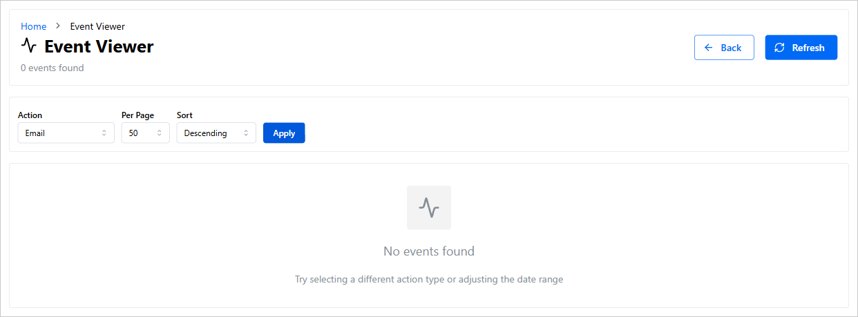 Event Viewer filtered to the Email action