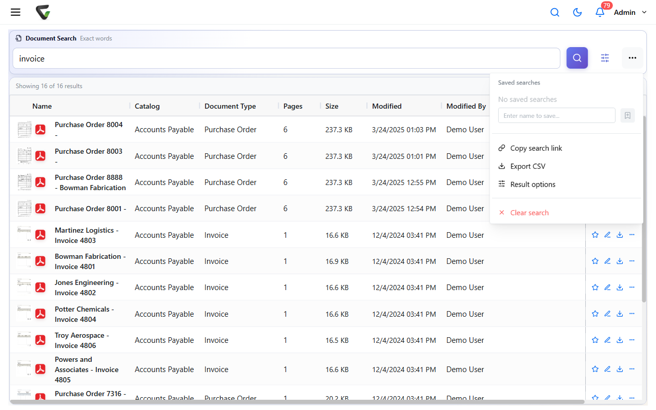 Export CSV in the search-actions menu