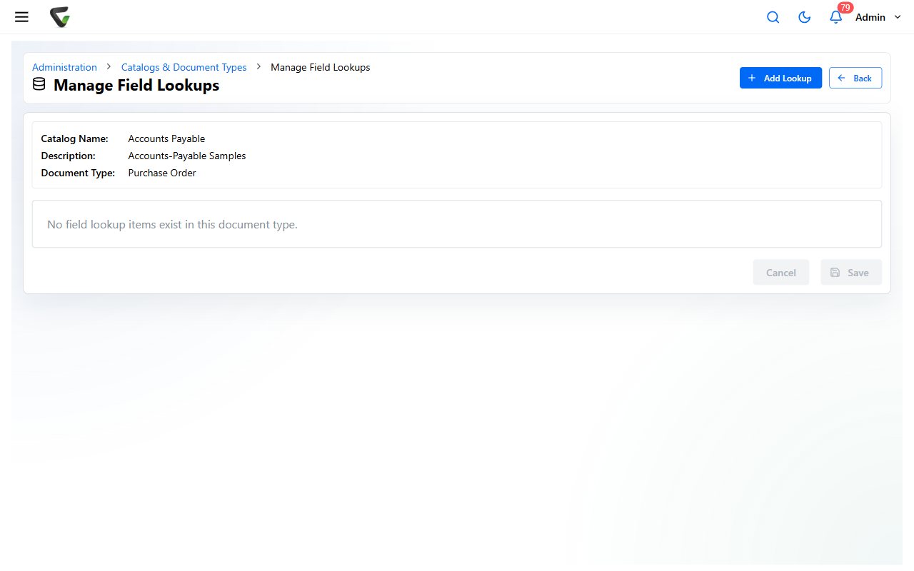 The Manage Field Lookups page