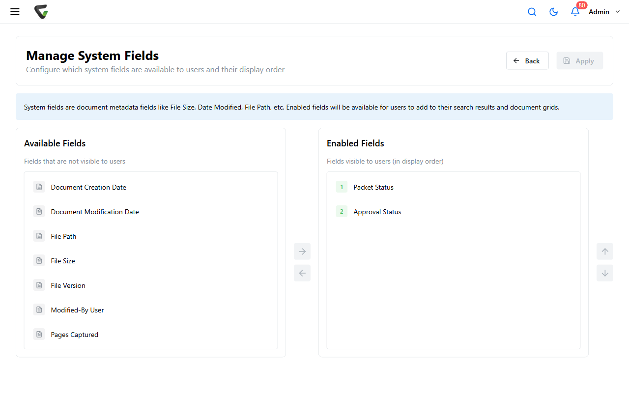 The Manage System Fields page