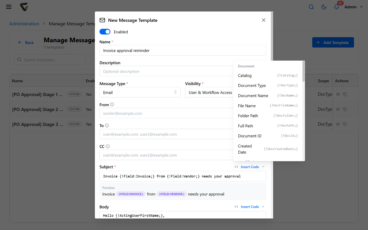 The message template editor
