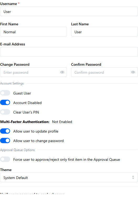 The user edit form's Account Settings