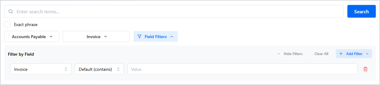 The Search page with Field Filters expanded