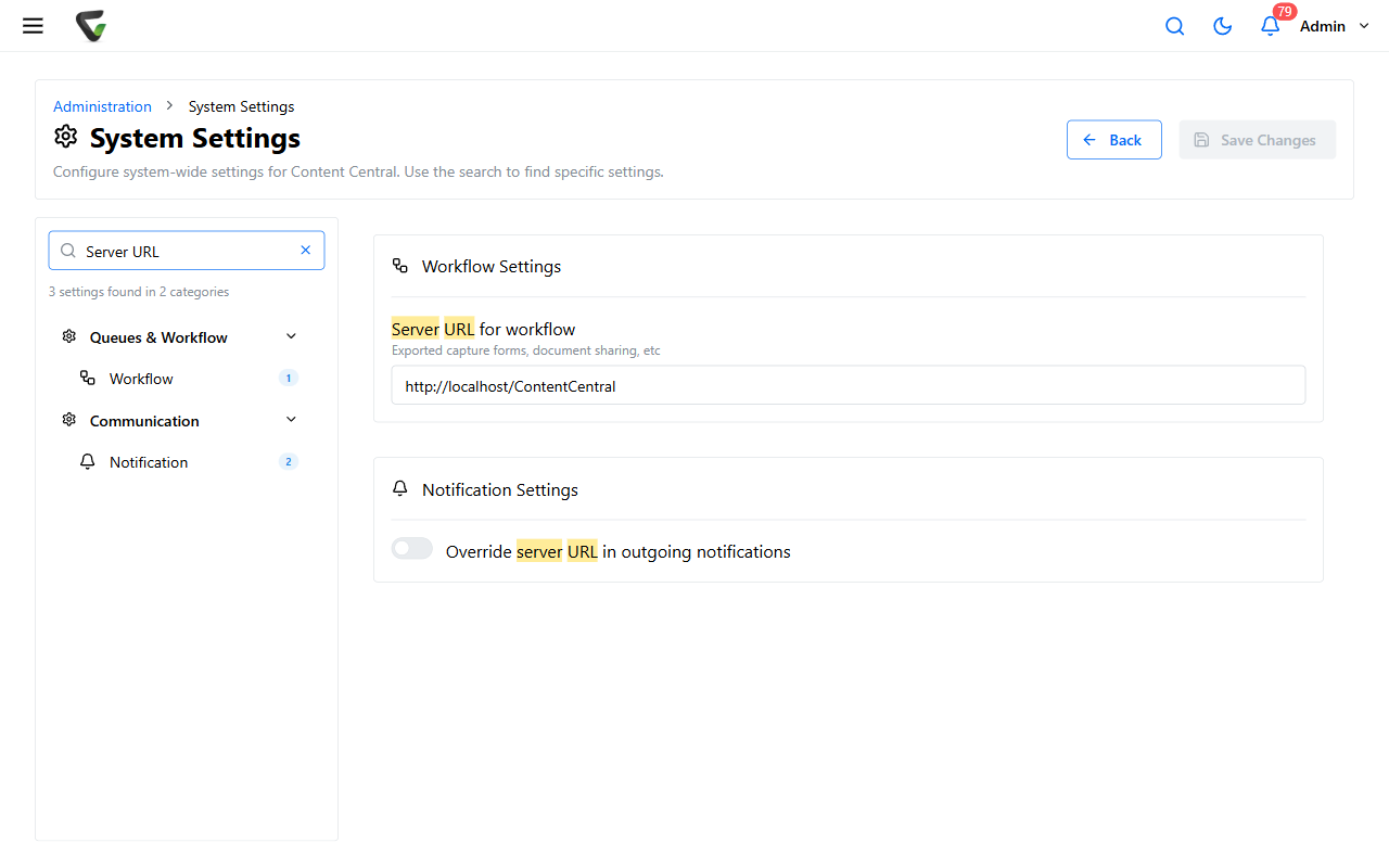 Searching System Settings for the server URL