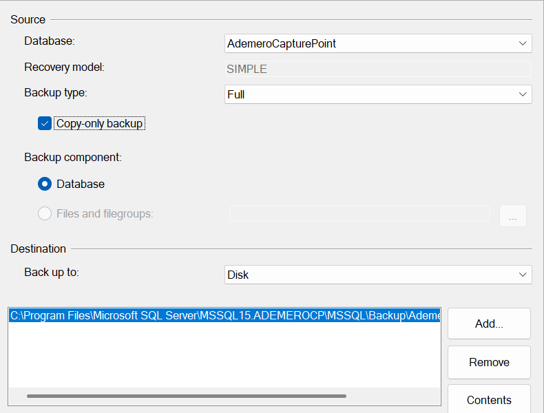 The Back Up Database dialog's General page with Backup type Full, Copy-only backup checked, and the destination path pre-filled