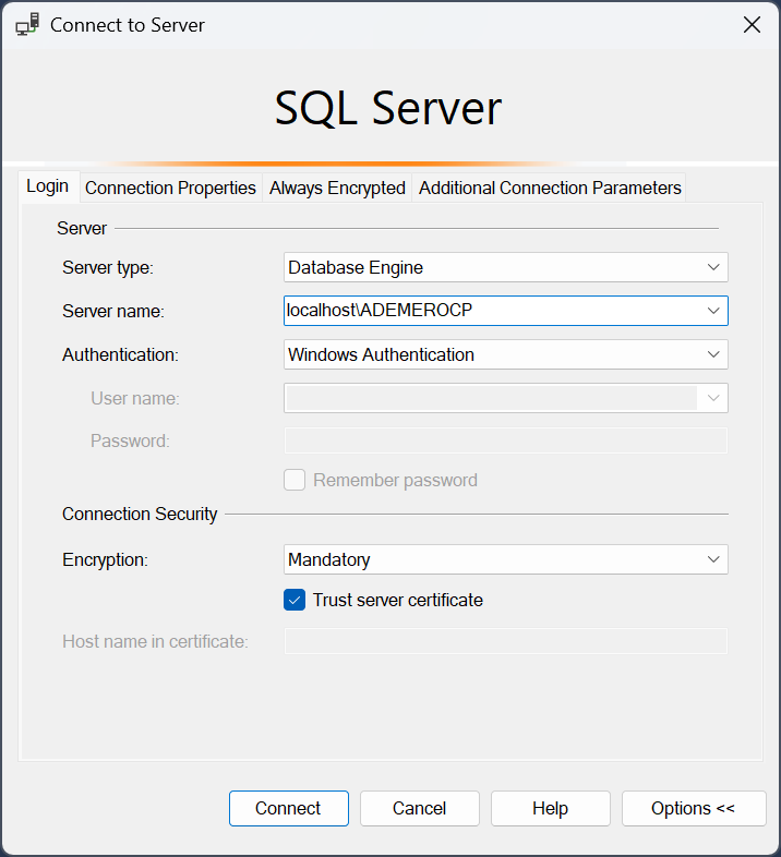 The SSMS Connect to Server dialog with Server name localhost\ADEMEROCP and Windows Authentication selected